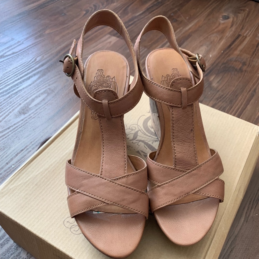 NINE WEST Women Tan Leather Straps Wedge Sandal
